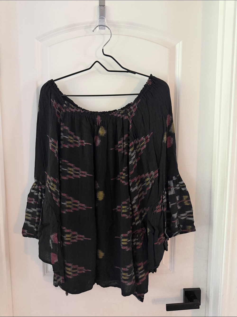 Indah Black Off-Shoulder Tunic with Multicolor Ikat Motif